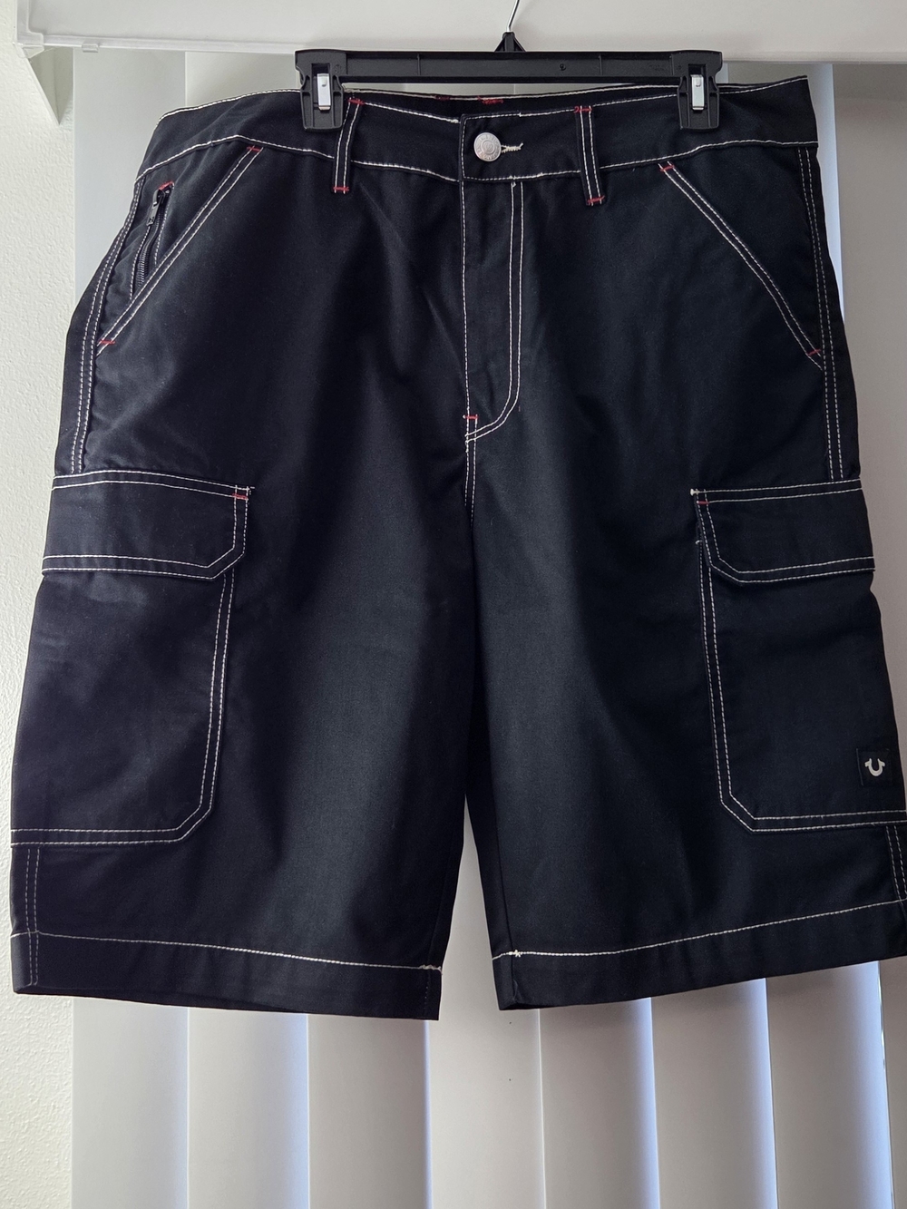True Religion Black Cargo Shorts with Contrast Stitching
